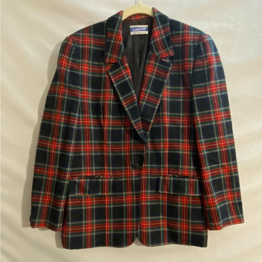 Vintage Pendleton Tartan Plaid Wool Blazer Jacket Red Green 100% Virgin Wool